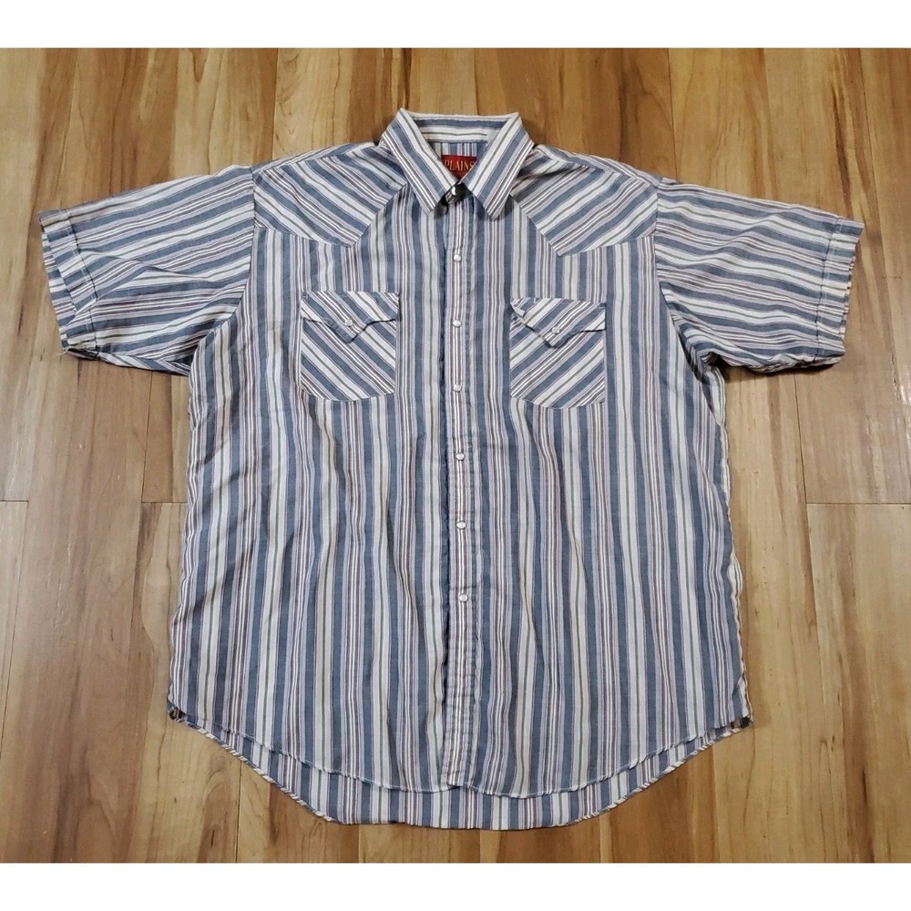 Plains Western Wear Pearl Snap Striped Shirt Mens Size XL Gray Short Sleeve